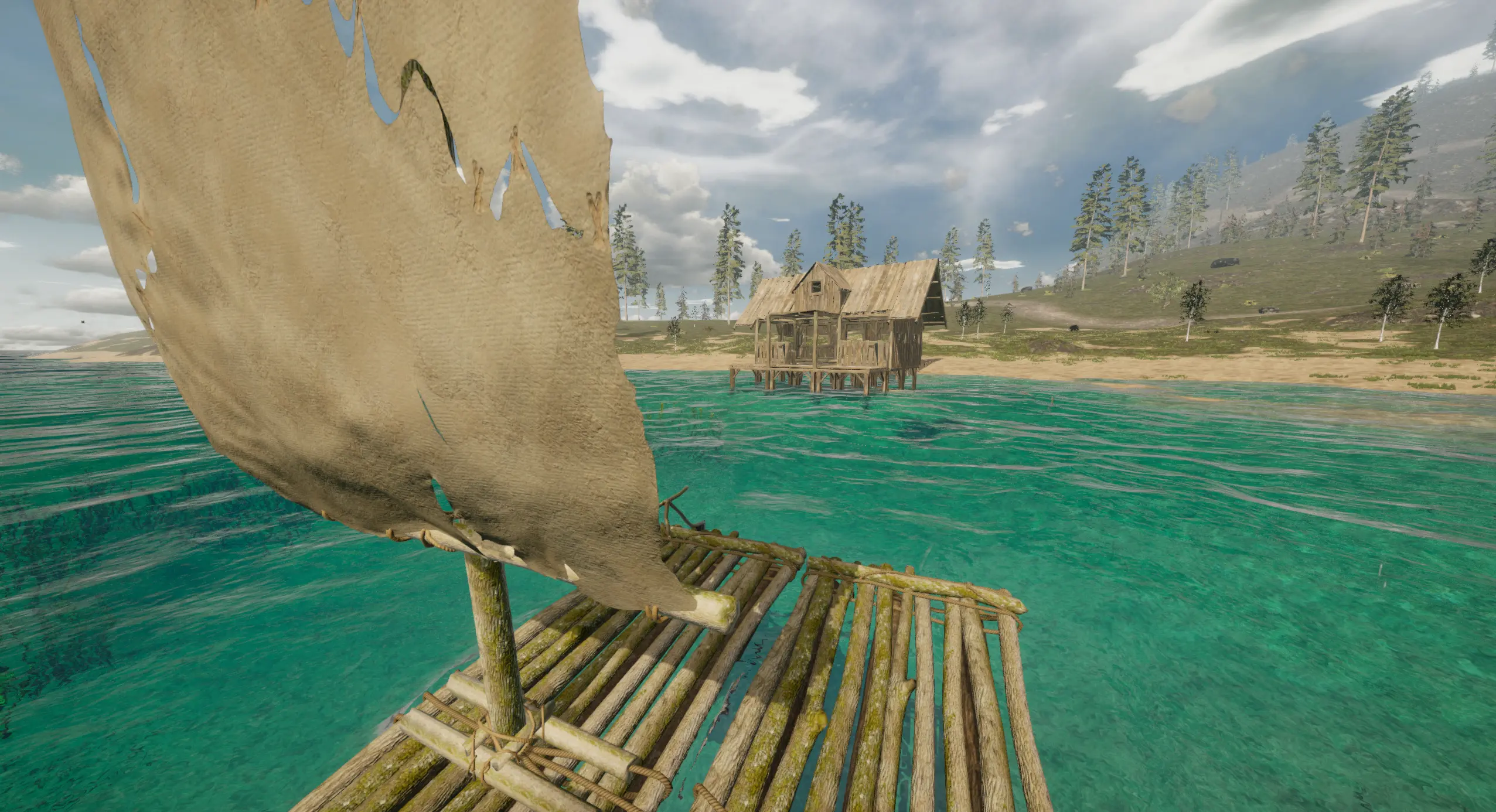 in game screenshot of rygrad demonstration the sailing feature, a player on a raft sailing.